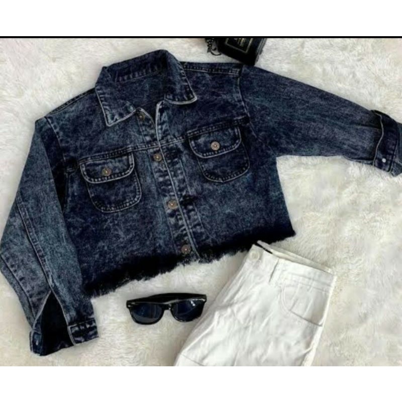 JAKET JEANS WANITA JACKET CROP RAWIS JUMBO LD 110