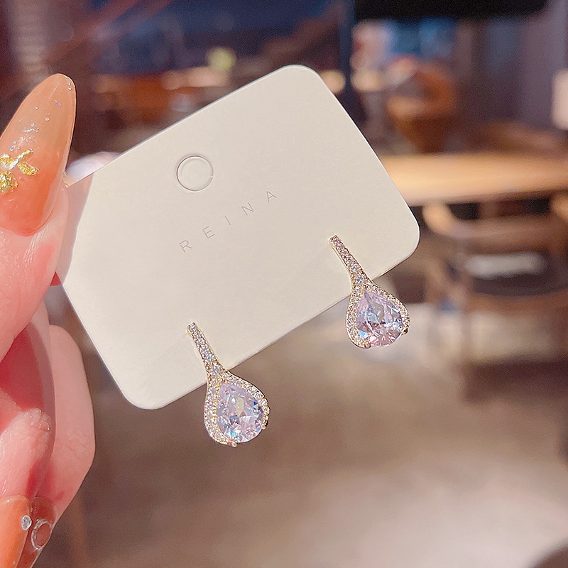 Anting S925 Silver Needle Bentuk Water Drop Geometris Aksen Berlian Zirkon Untuk Wanita