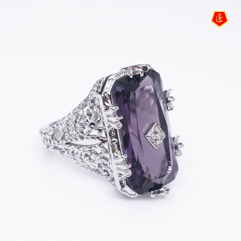 [Ready Stock]Fashion Personality Inlaid Chamfered Rectangular Amethyst Ring Exquisite