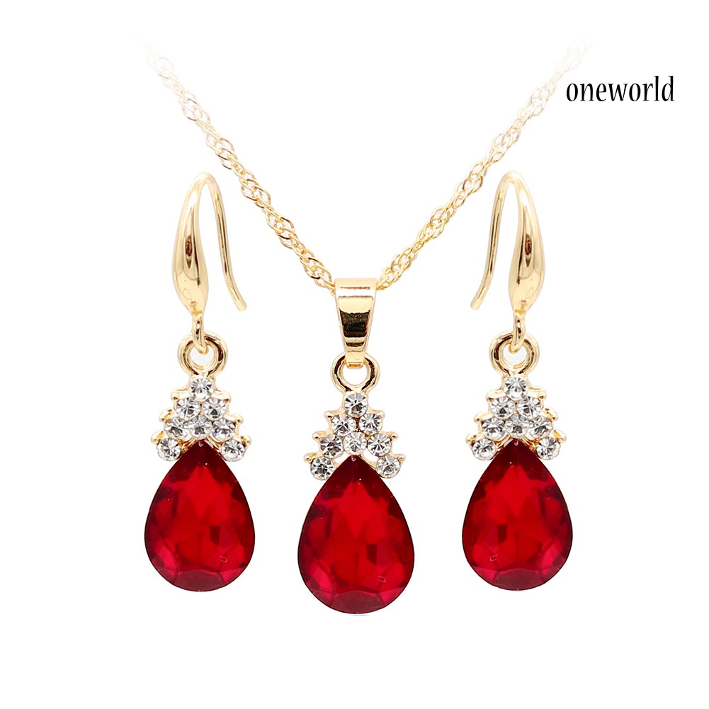 OW@ Vintage Teardrop Rhinestone Women Jewelry Set Necklace Hook Earrings Pendants