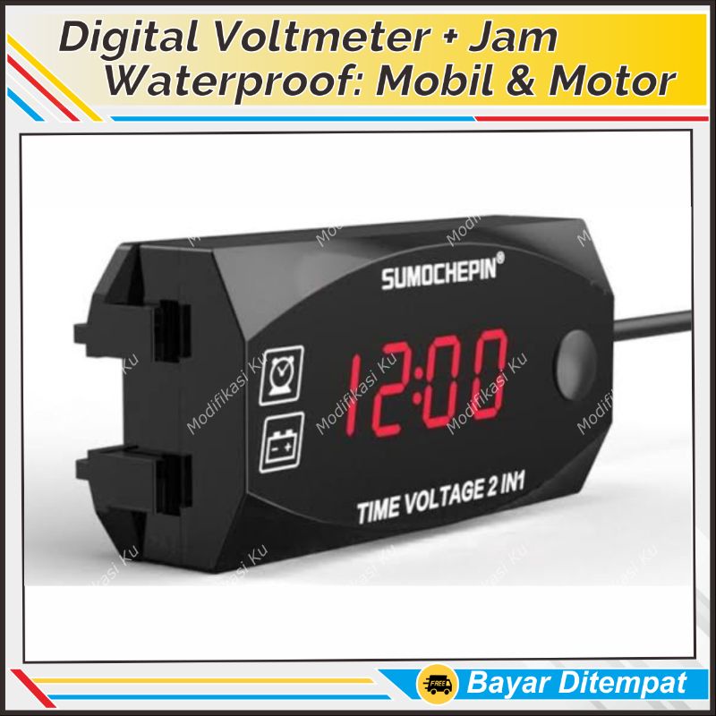 DIGITAL VOLTMETER + JAM 2 IN 1 PREMIUM SPORTIVO WATERPROOF MULTIFUNGSI 12V DC: PENGUKUR SUPLAY ARUS 