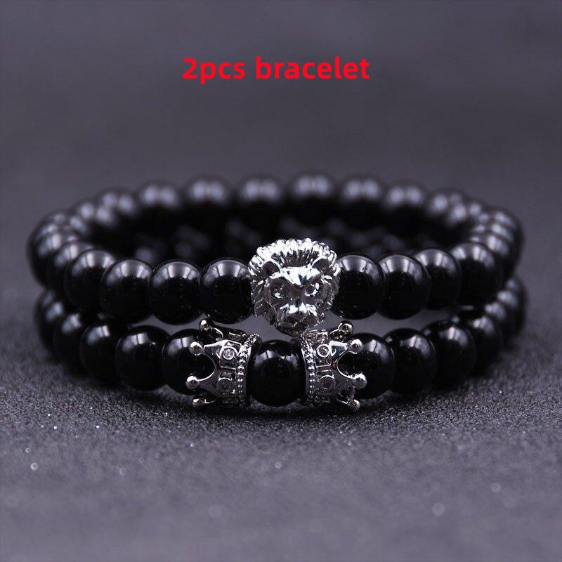 2pcs Gelang Manik-Manik Obsidian Imitasi Dengan Mahkota Singa Bahan Logam Gaya Klasik Untuk Pria Dan Wanita