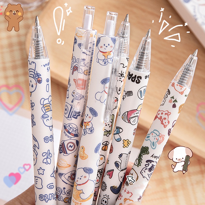 6pcs Pulpen Gel Tinta Hitam 0.5mm Retractable Desain Kartun Doodle