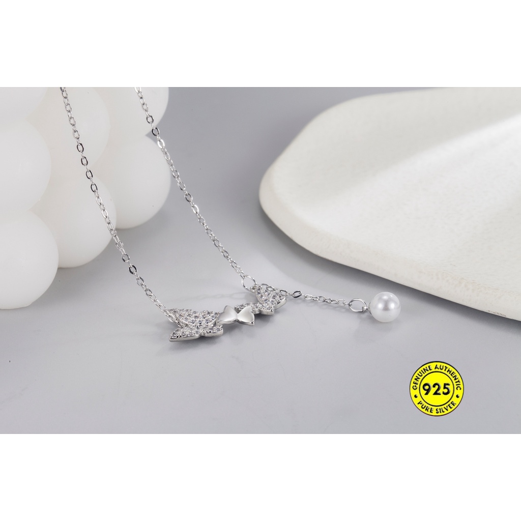 Kalung Rantai Sterling Silver 925 Dengan Liontin Kupu-Kupu + Mutiara + Berlian Untuk Wanita