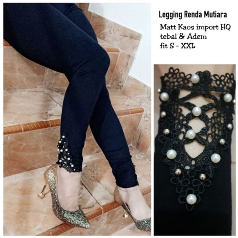 ☄️COD☄️ Legging Wanita Premium Import Kekinian Brukat+Mutiara / Celana Legging Hw Wanita