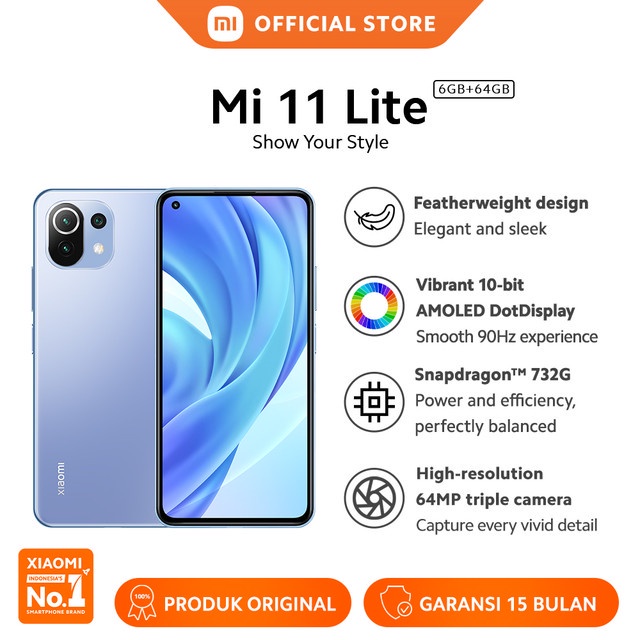 Xiaomi Mi 11 Lite (6GB+64GB) Qualcomm® Snapdragon™ 732G 64MP AI Kamera Layar 6,55” AMOLED FHD+ 4250m-Bubblegum Blue