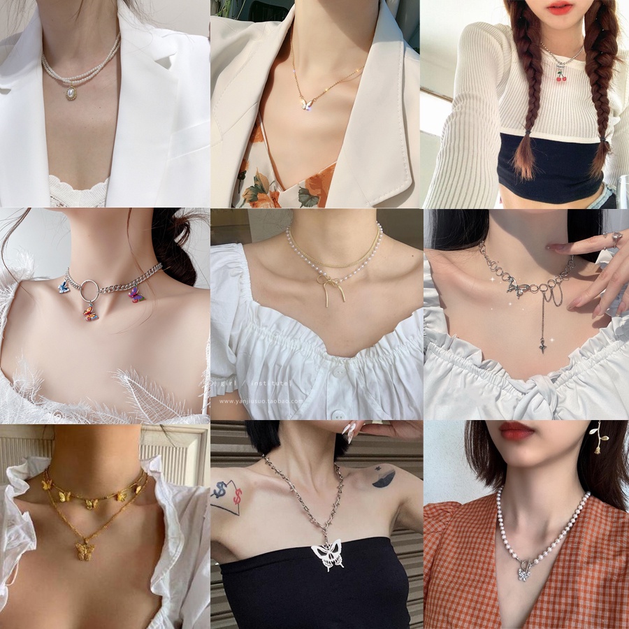 Kalung Kupu-kupu Mutiara dua lapis untuk Aksesori Perhiasan Fashion Wanita Tersedia