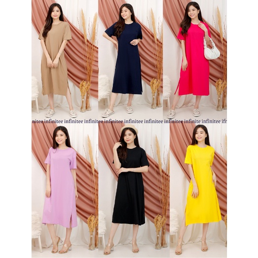 Dress Wanita Midi Polos Bahan Katun Slit Dress Korea Dress Kasual