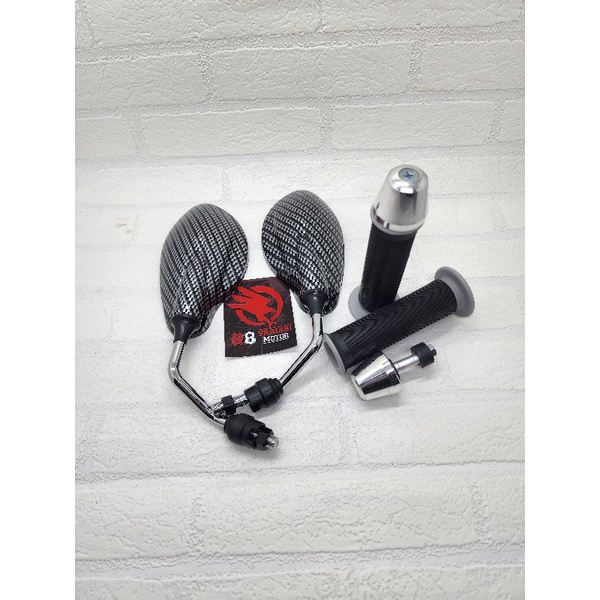 Paket 3 Item Spion X1 Karbon Terang Gagang Chrome + Handgrip Bulu Empuk Dan Jalu Stang Fu Chrome - Paket Motor Honda Yamaha Bisa