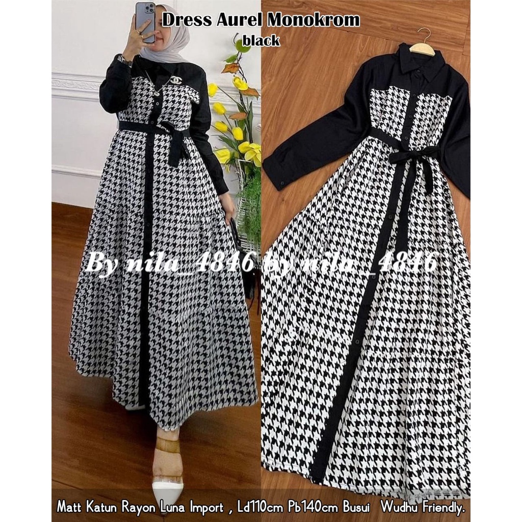 DRESS AUREL MONOKROM/BAJU WANITA MOTIF MONOKROM/GAMIS MUSLIM KEKINIAN