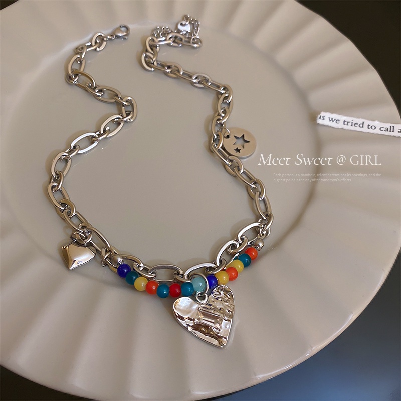 AY(CN) Y2k Kalung Choker Rantai Silver Dengan Liontin Hati Hias Manikmanik Warnawarni Untuk Wanita