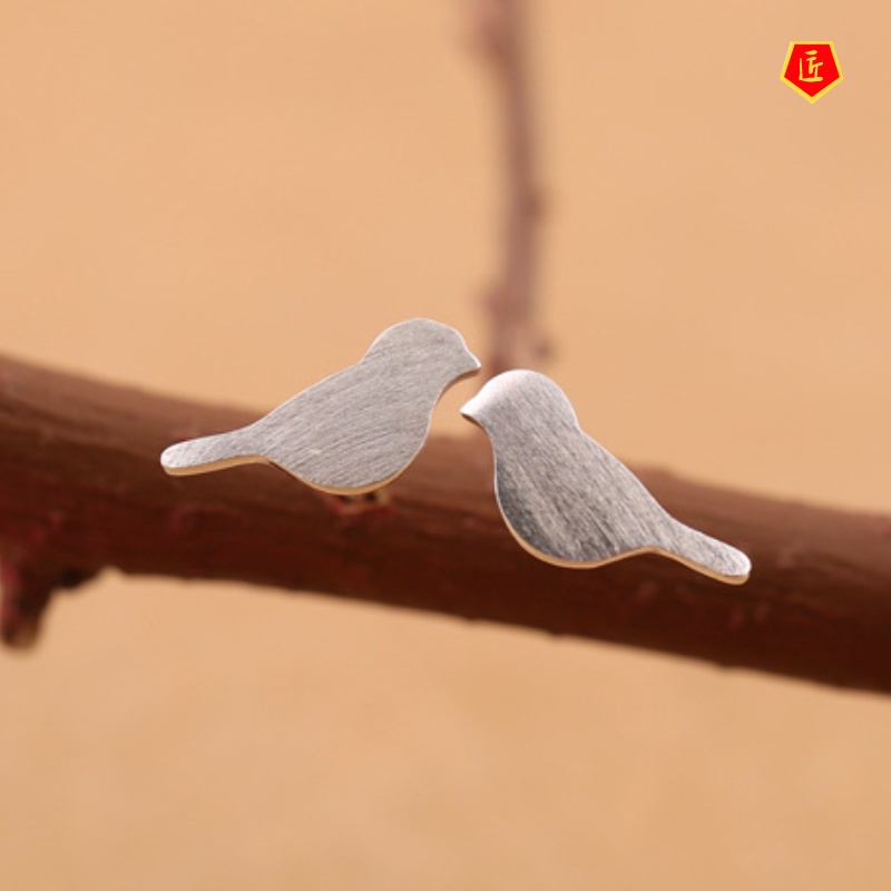 [Ready Stock]Silver Handmade Brushed Bird Ear Studs Fashion All-Matching