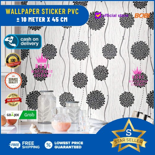 Wallpaper Dinding Motif Hitam Putih Bunga 5286 / Wallpaper Sticker PVC Murah dan Berkualitas 9mx45cm