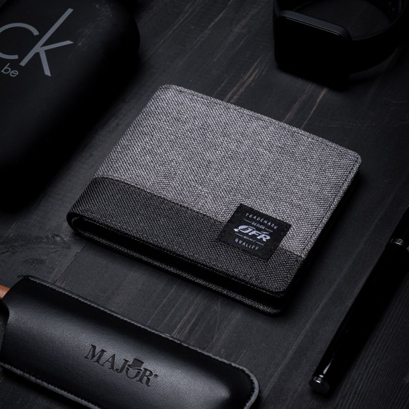 Dompet Pria Branded Bahan Kulit Kain Canvas Kanvas Free Box Exclusive JFR JP13-GREY