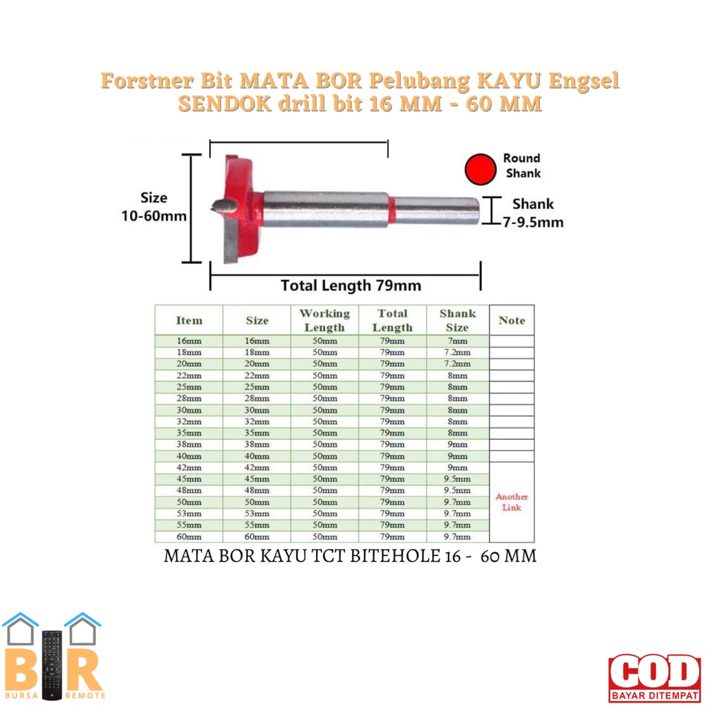 Forstner Bit MATA BOR Pelubang KAYU Engsel SENDOK drill bit 16mm- 60mm