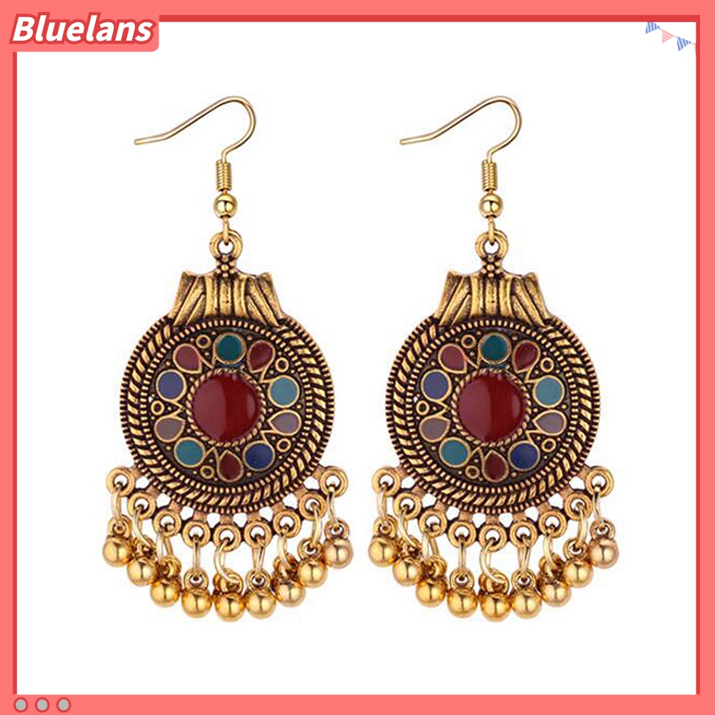 Bluelans Women Ethnic Tassel Disc Flower Bead Pendant Long Dangle Hook Earring Jewelry