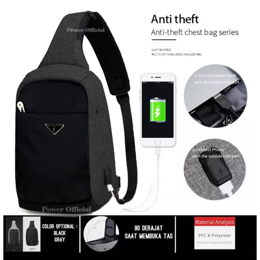 Polo Power - Tas Selempang Pria Anti Maling Slingbag Import USB - Smart Crossbody Bag Anti Thief USB