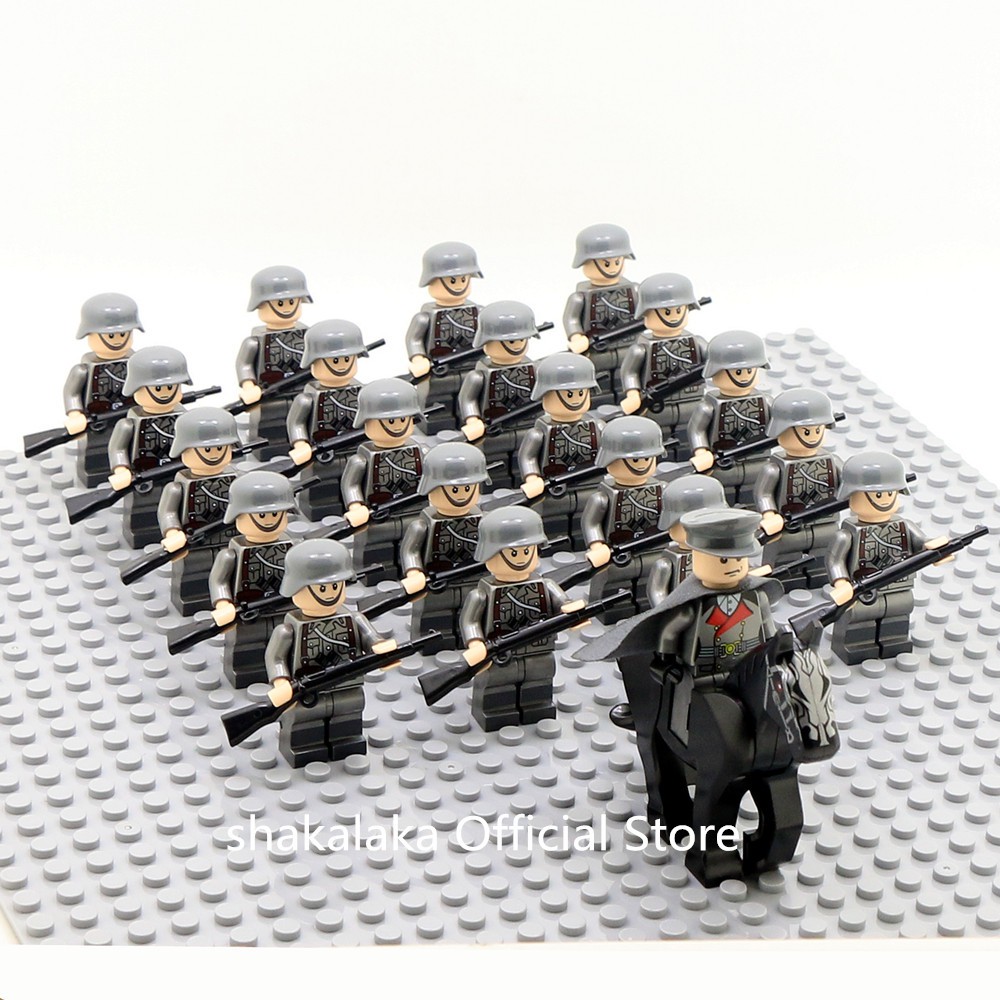 Mainan Lego 21pcs Officer Soldier WW2 German Army Horse Troop Military SWAT Team Weapon Building