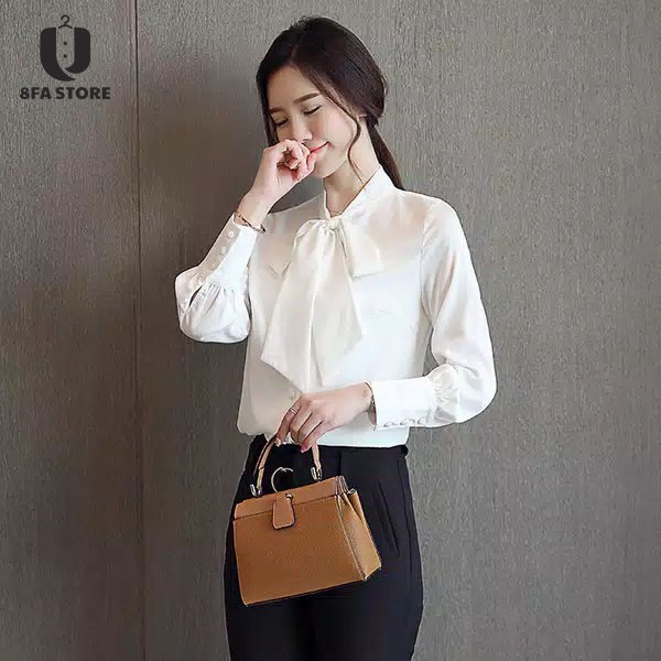 8fa Blouse Velvet Polos Blus Korea Lengan Panjang Putih Atasan Baju Kerja Wanita Tali Leher Shopee Indonesia