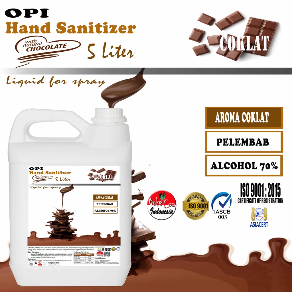 Hand Sanitizer Varian wangi coklat segar tidak lengket di tangan (ukuran 500ml sd 5 Liter) KEMENKES sudah ada izin edar resmi by Oke sabun suplayer