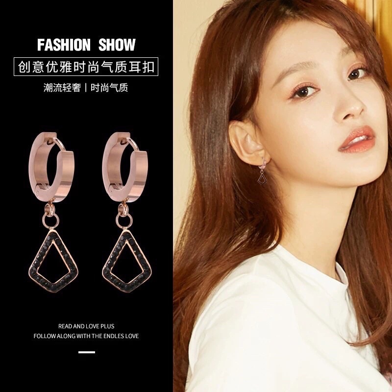 Teardrop Titanium Earrings / Anting Jepit Gantung Hitam Putih Zircon Look Swarovski Anti Karat