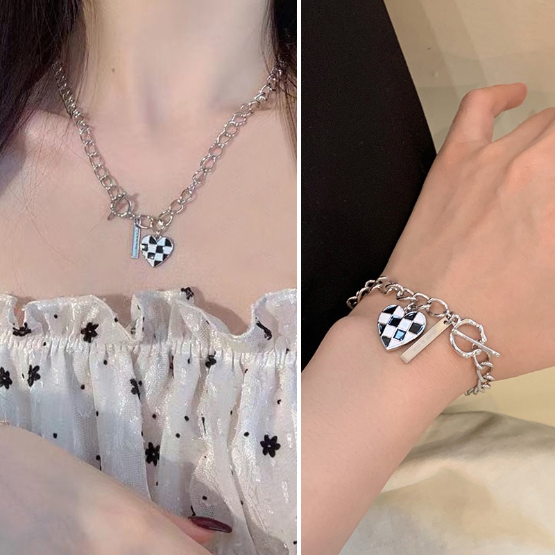 Korean Style Elegant Necklace Bracelet Set Pearl Checkerboard DIY Jewelry Set Women Fashion Accessories