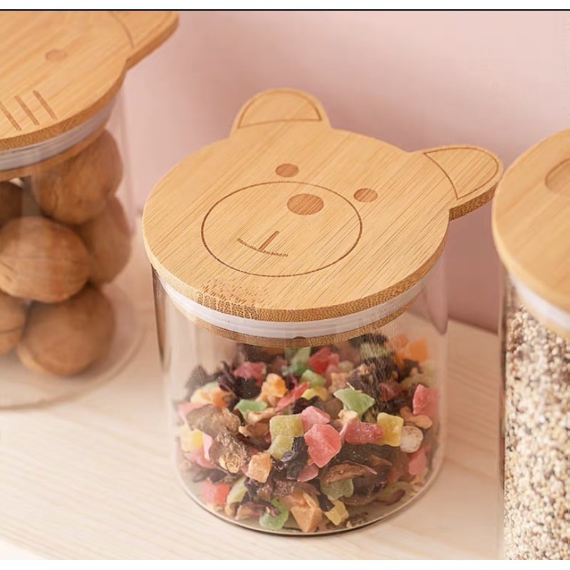 Toples kaca bening Tutup Rapat Kayu Corak Bear Beruang Imut TerLucu Terbagus Import Impor Luar Negri