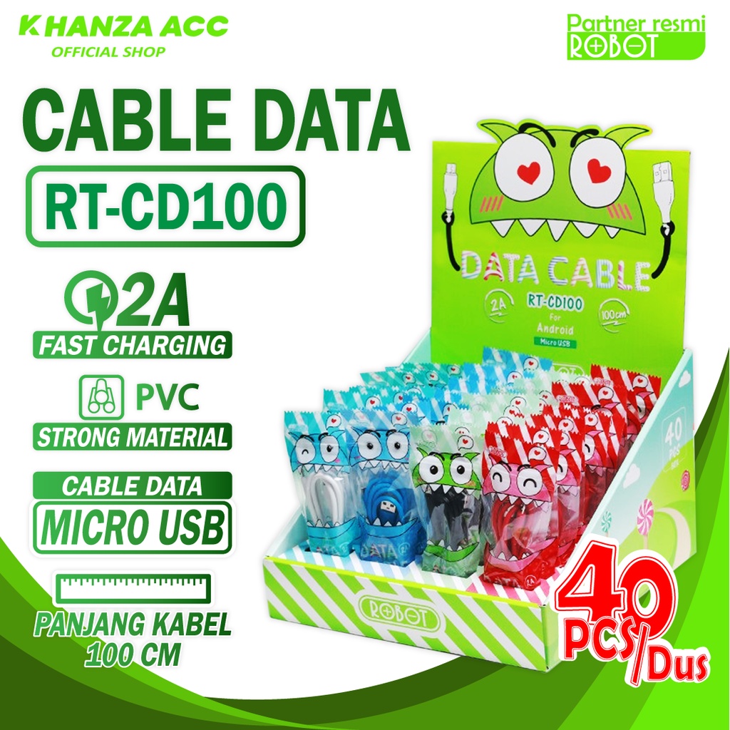 KHANZAACC KABEL DATA Robot RT-CD100 Micro USB Cable Colorful (1 Kotak Isi 40 Pcs)