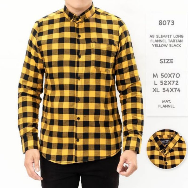 Kemeja Flanel Pria Lengan Panjang Motif Kotak Kuning Hitam