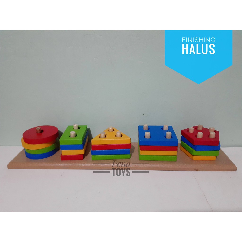 Mainan Edukasi / Edukatif Anak Puzzle Kayu Balok - Menara Geometri 5 Bentuk