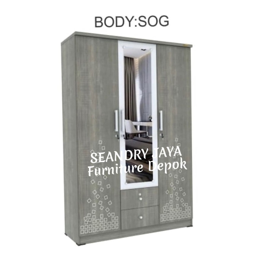 LEMARI BAJU/LEMARI PAKAIAN 3 pintu kaca / 32  L/ MINIMALIS/PROMO MURAH/SEANDRY JAYA FURNITURE DEPOK/