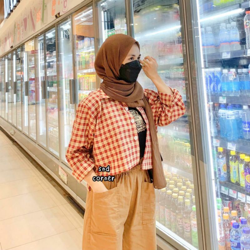 atasan kemeja wanita febric katun kotak/ pakaian wanita kemeja croptop tartan/outer kemeja kotak