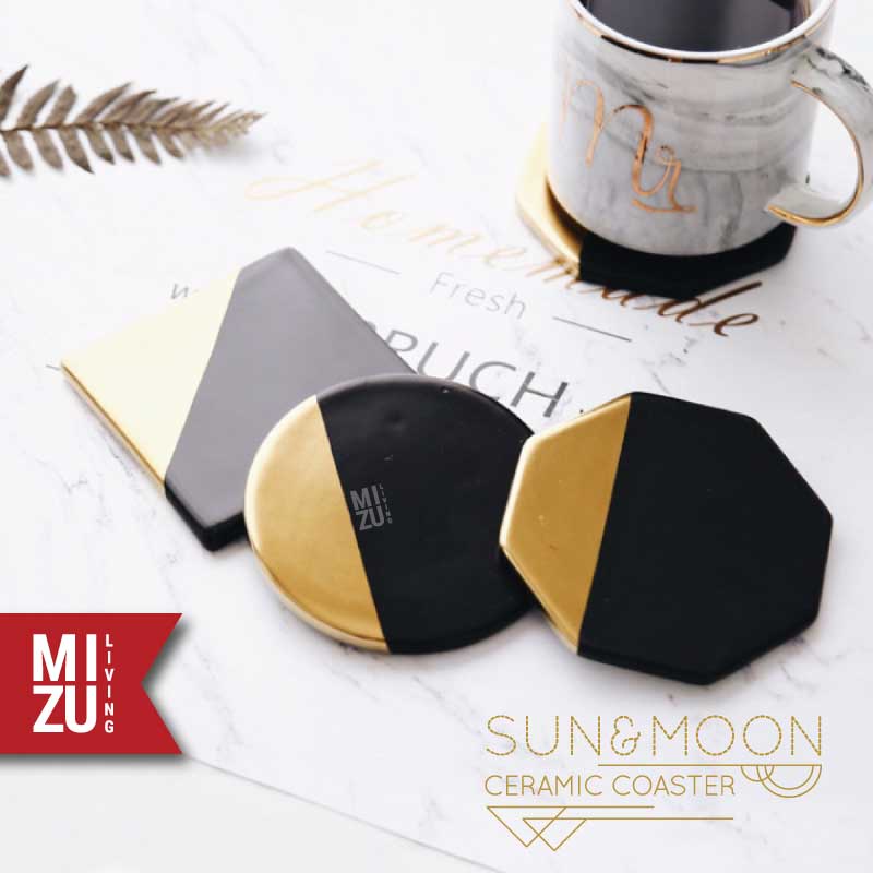 SUN &amp; MOON Ceramic Coaster Marble Motif Gold-Plated Rim Tatakan Gelas Keramik Marmer Sepuh Emas