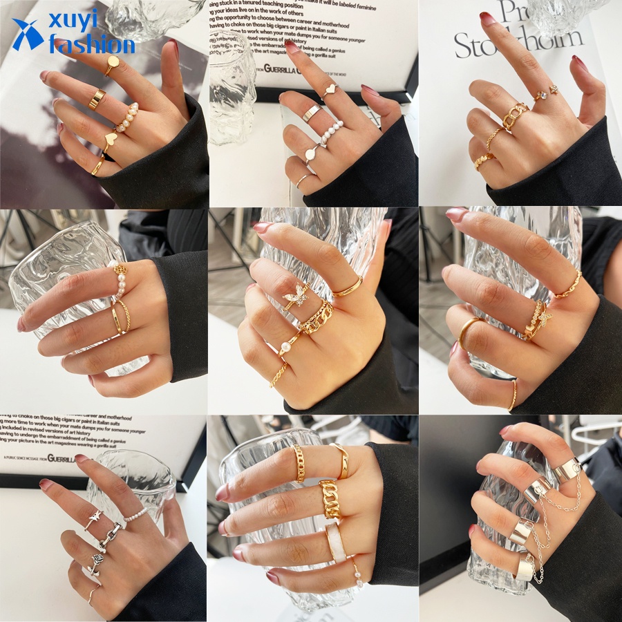 Set Cincin Rantai Desain Kupu-Kupu Hollow Hias Mutiara Gaya Klasik Untuk Wanita