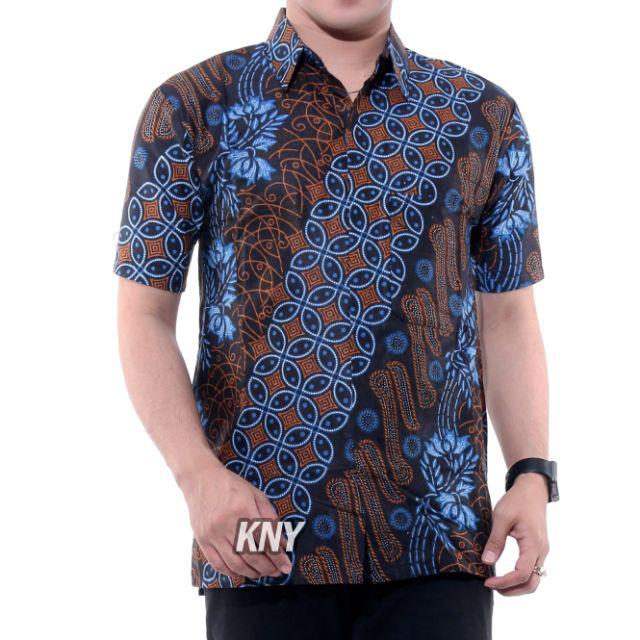 merak toska hem batik pria lengan pendek ukuran reguler M L XL-Hem Seno Biru