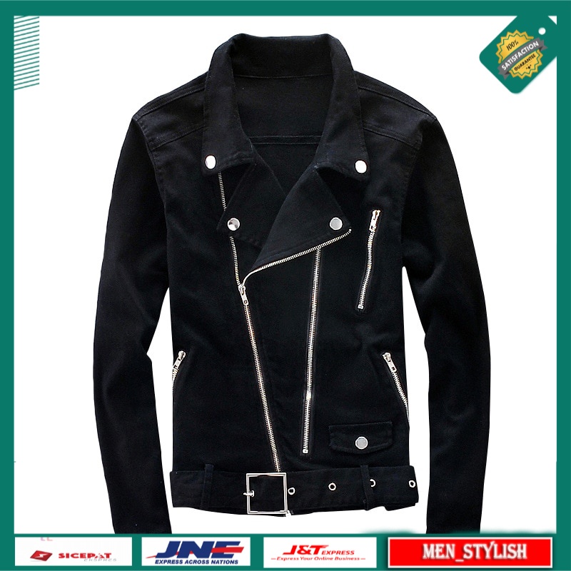 Jaket Denim Pria Original Premium Biker Denim Jacket Men Multi Zipper Belt Jeans Jacket Punk Slim fi
