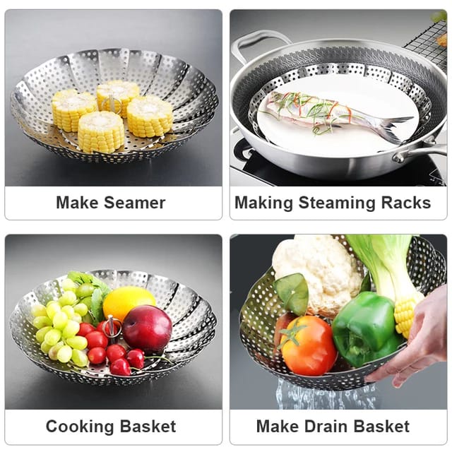 Kukusan Sayuran Stainless Steel Lipat Flexible anti Karat Saringan Kukusan Makanan jaring lipat Stainless Steel Multifungsi