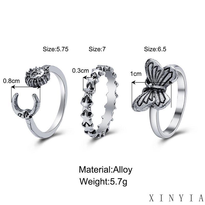 Xia.id 3pcs / Set Cincin Model Terbuka Desain Matahari + Kupu-Kupu Gaya Retro Kreatif Untuk Wanita