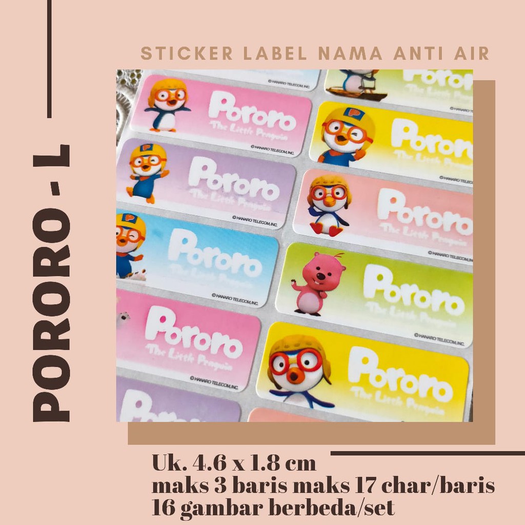 

STICKER LABEL NAMA ANTI AIR - MOTIF PORORO / WATERPROOF NAME STICKER