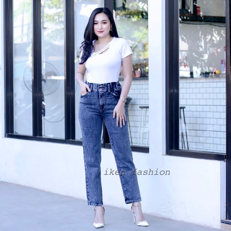 CELANA JEANS BOYFRIEND // Celana jeans BF highwaist pinggang karet kancing 2