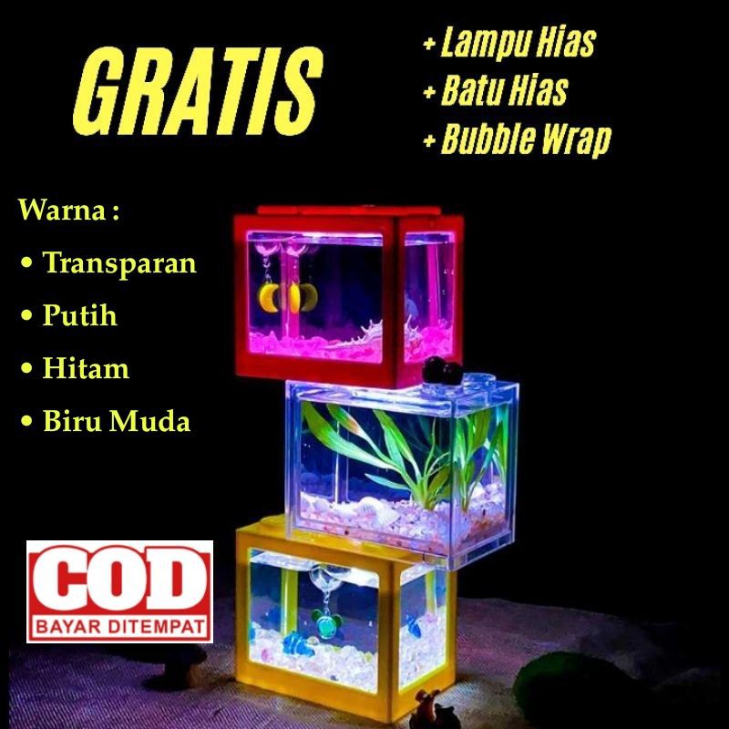 Aquarium Mini Ikan Cupang / Akuarium Ikan Hias LEGO BLOCK FREE LED USB/BATERAI