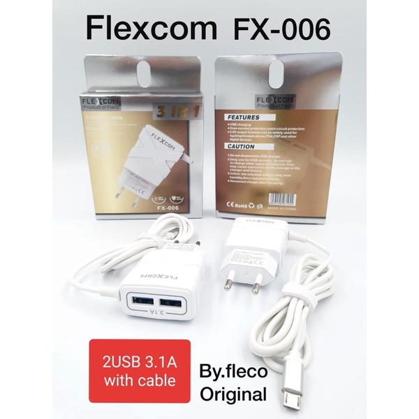 PROMO CHARGER FLEXCOM FX006 ORIGINAL 2USB PLUS KABEL MICRO COMPATIBLE FOR ALL SMARTPHONE BY FLECO