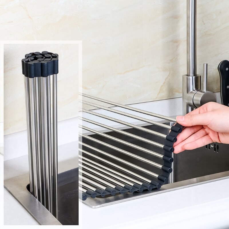 Rak Pengering Piring Gulung Multi Guna Rolling Drainer Over Sink Mat Tahan Panas Stainless Steel Dapat Dilipat Untuk Dapur