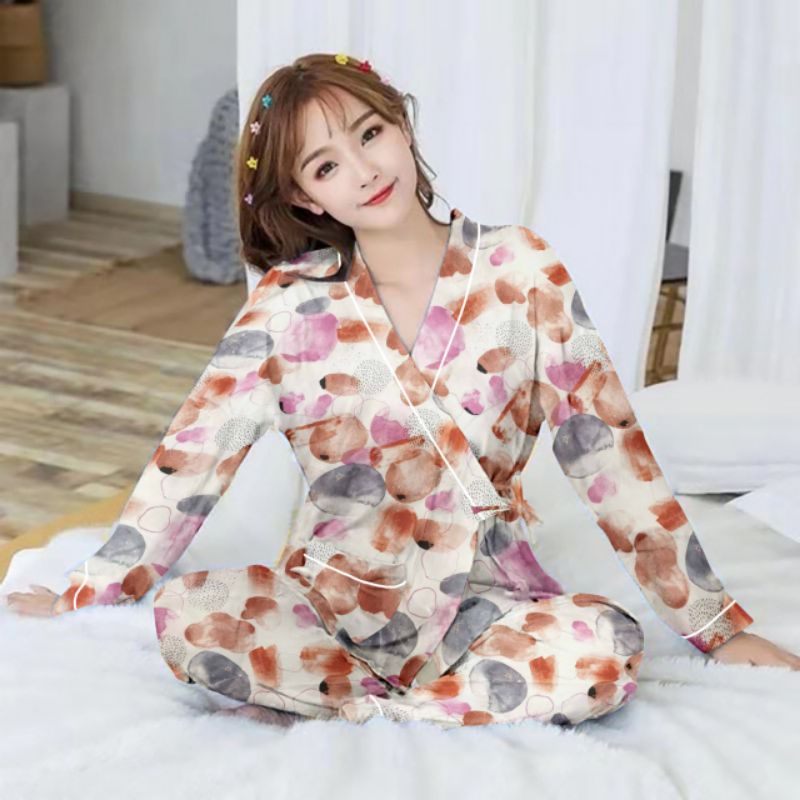 setelan kimono lengan panjang/kimono wanita/baju tidur kimono-Pp kim tridye pink