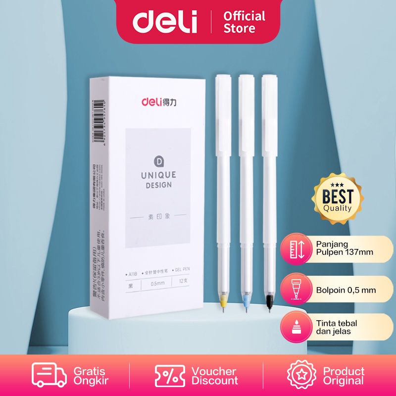 

Deli Gel Pen / Pulpen Gel 0.5mm Tinta Hitam Isi 12 Desain Unik A118