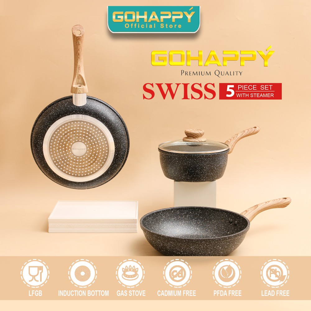 EVERLUX Gohappy Granite Pan isi 5pc - Panci set swiss saucepan fyr wok pan and steamers