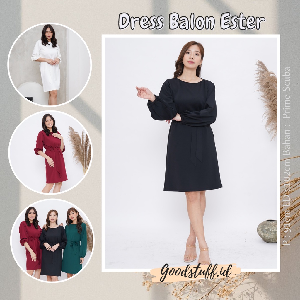 Dress Lengan Balon Maria / Dress Scuba Wanita Lengan Balon Pesta Casual Vintage / Dress Wanita Scuba