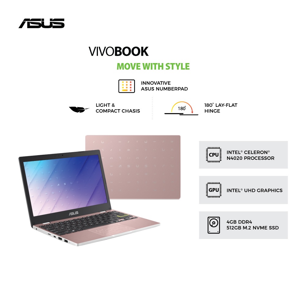 Asus E410MAO-FHD4531 RosePink [Intel N4020|RAM 4GB|SSD 512GB|Win11|OHS21]
