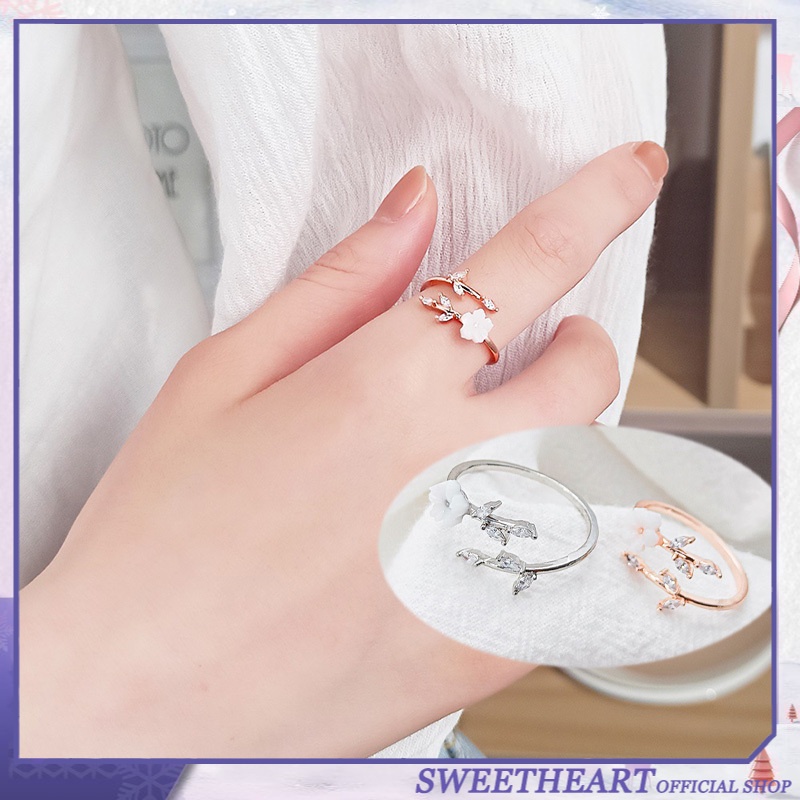 Cincin Jari Telunjuk Model Terbuka Bentuk Kelopak Bunga Aksen Zirkon Untuk Wanita