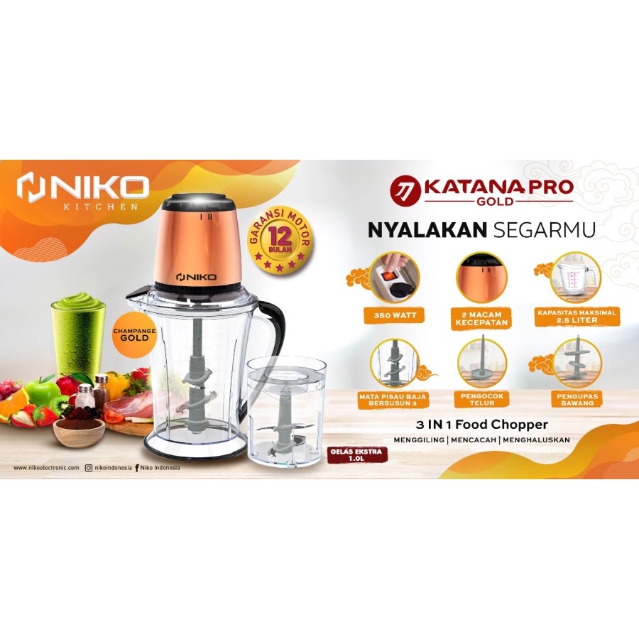 Niko Food Chopper Katana Pro Gold kapasitas 2.5 Liter  3in1 3 in 1 penggiling daging